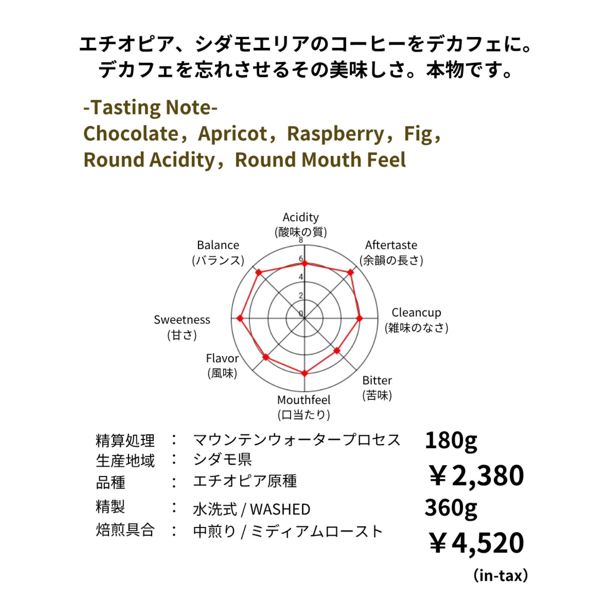 エチオピア デカフェ シダモ G-2 マウンテンウォータープロセス